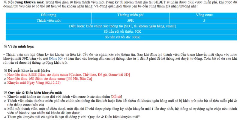 Nhà Cái Tặng Tiền Cược Miễn Phí Khi Đăng Ký 59K Tại SHBET 4 Kiểm tra kỹ mọi điều kiện trước khi tham gia chương trình khuyến mãi